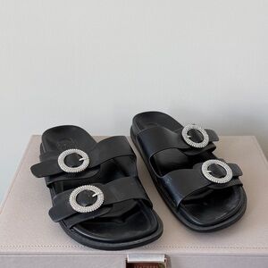 Zara Black Slides with Rhinestone Buckles